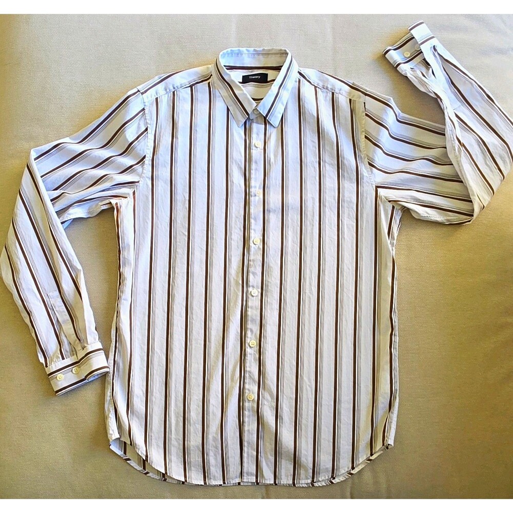 Theory Men's M White Brown Striped Long Sleeve Collared Button-Front Shirt